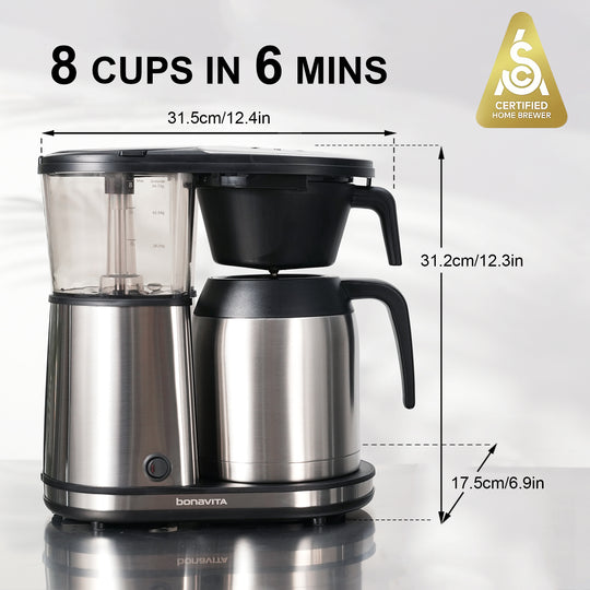 Stainless steel coffee maker with dimensions and certification logo on a white background