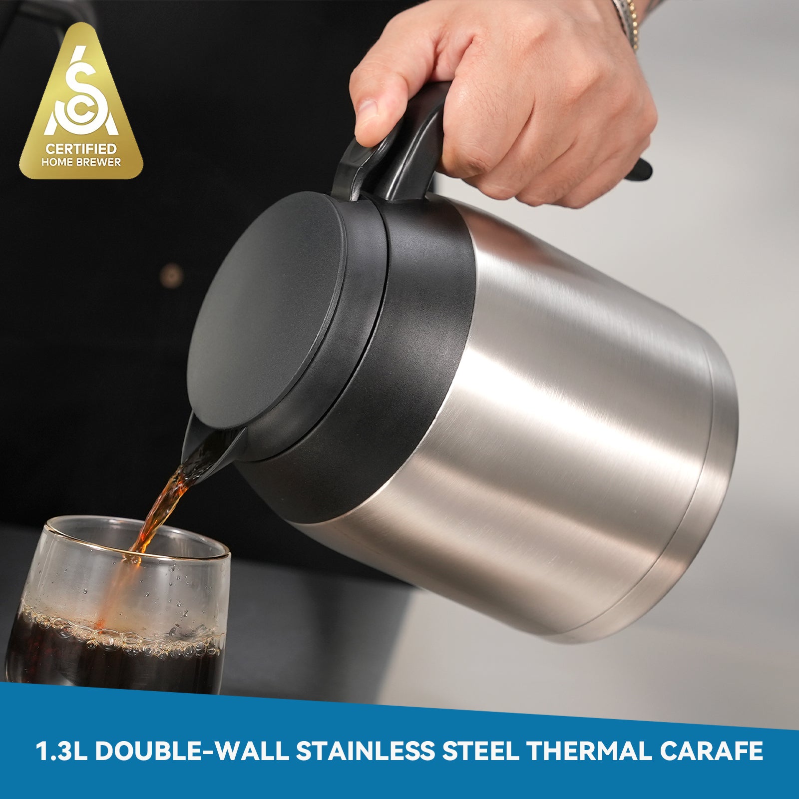Stainless steel thermal carafe being poured into a glass with Certified Home Brewer logo.
