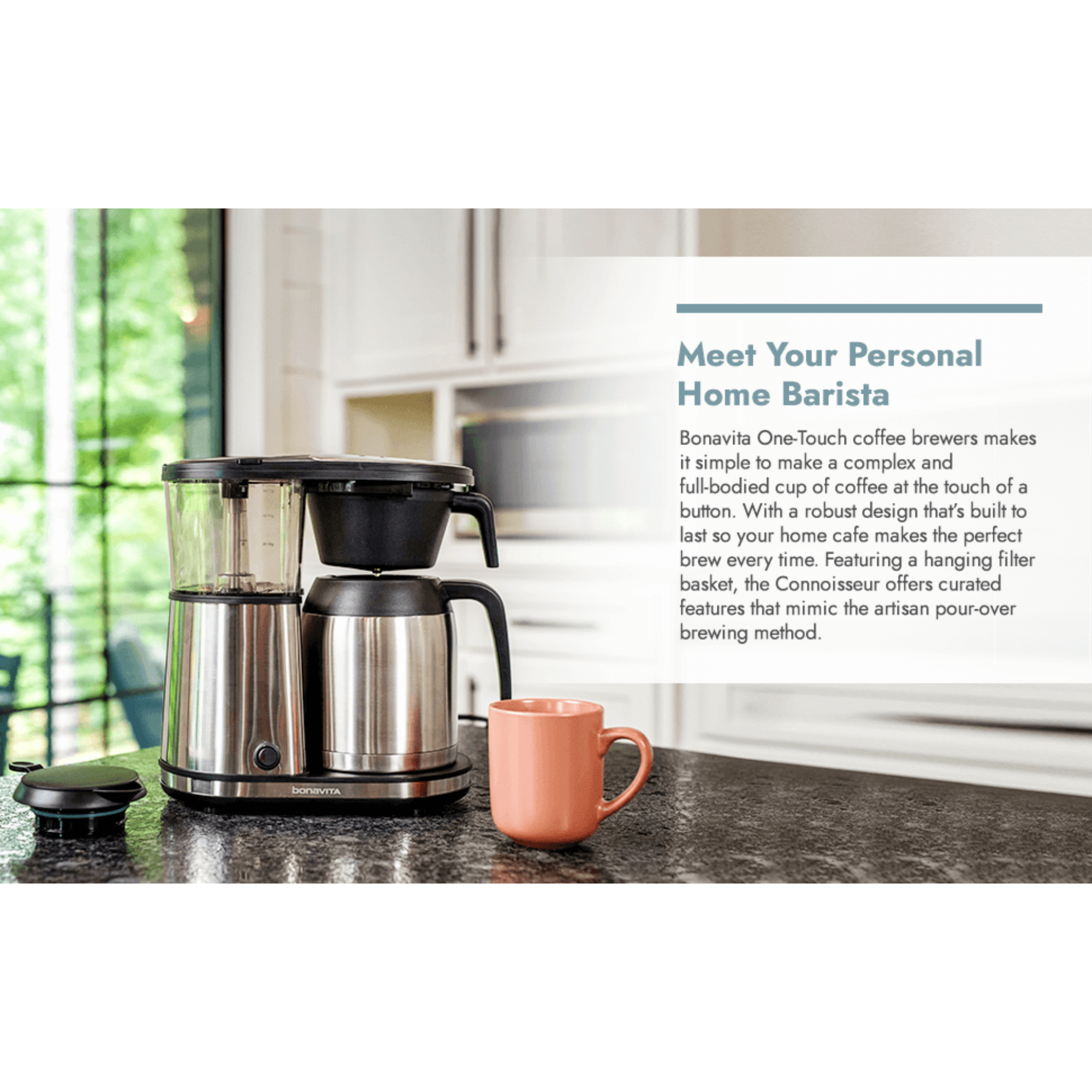 Coffee maker on a kitchen counter with a pink mug and text about the Bonavita One-Touch coffee brewer.