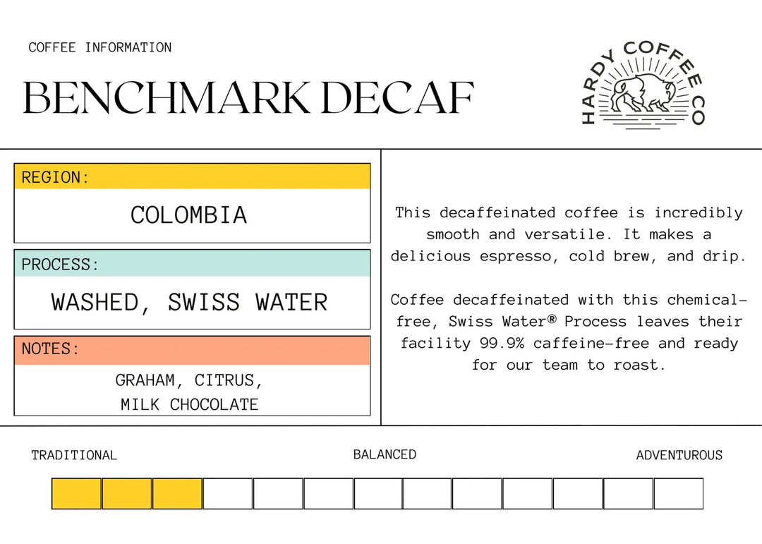 Benchmark Decaf Colombian Coffee | Multiple Grinds & Sizes | Hardy Coffee Co