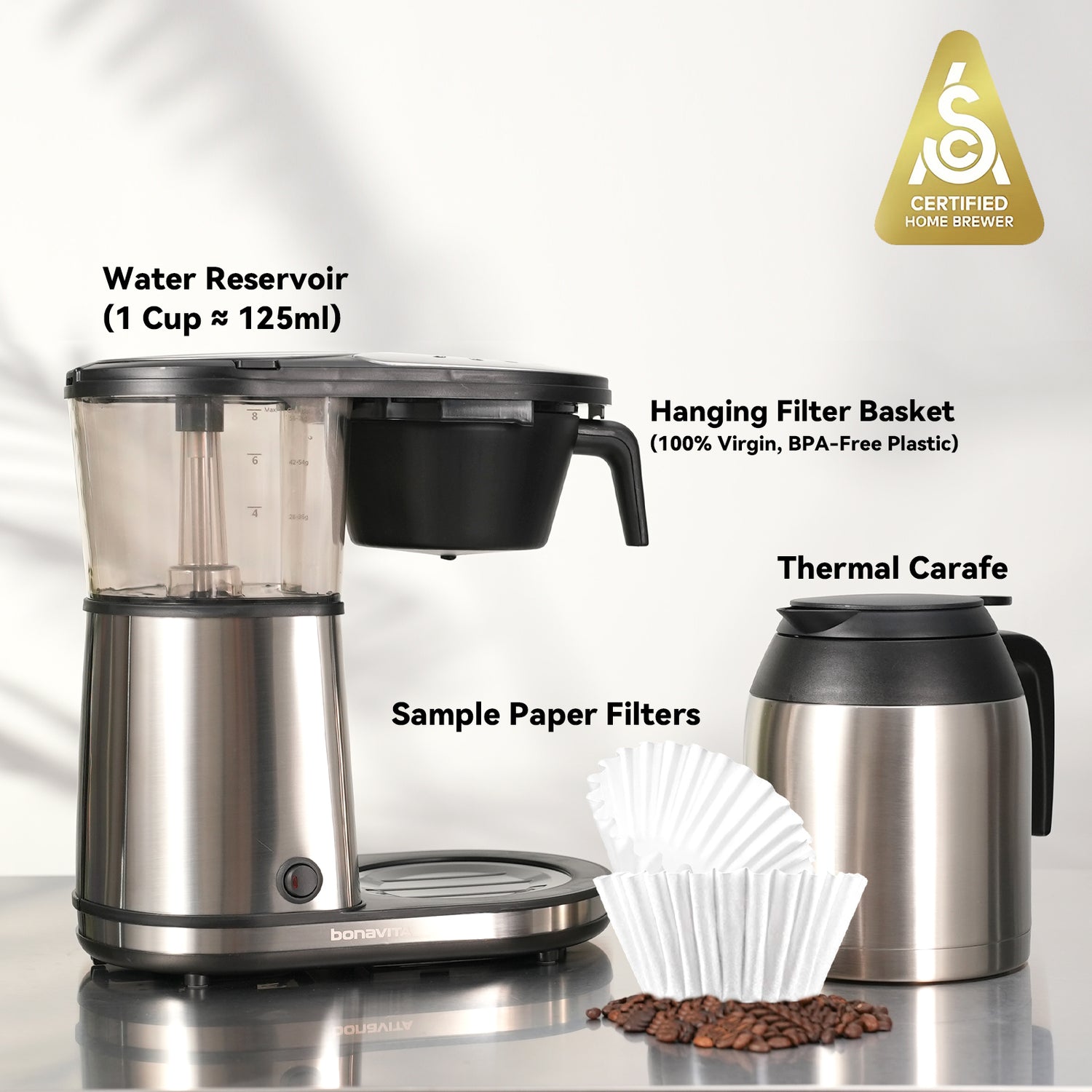 Coffee brewing system with water reservoir, hanging filter basket, thermal carafe, and sample paper filters