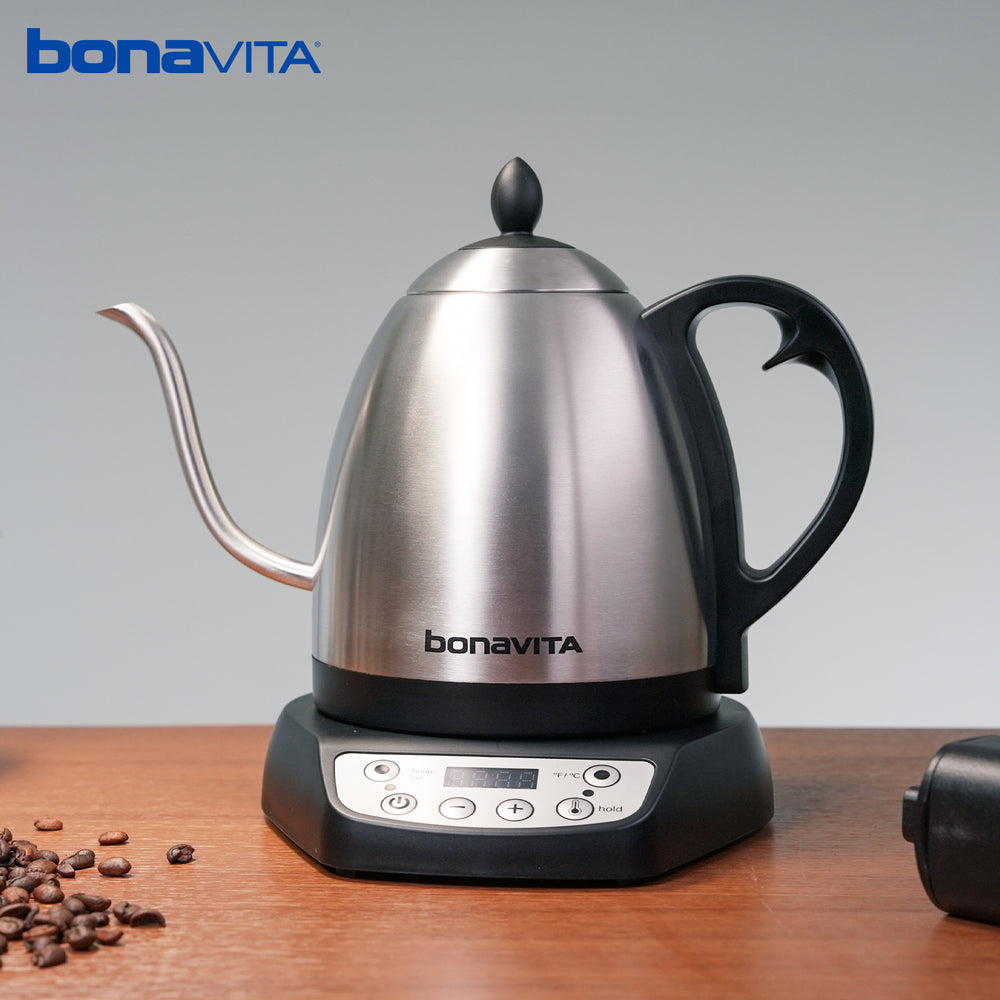Bonavita Classic 1.0L Gooseneck Precision Temperature Electric Kettle| Coffee Brew and Tea, 1200 Watt, LED Panel, Stainless Steel